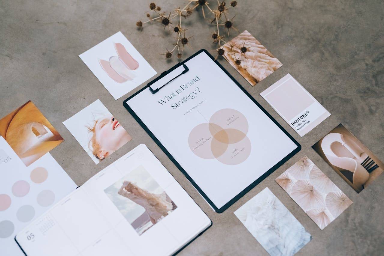 Paper with brand strategy text, graphics, and design elements in Novelle Peach color, part of a publication on imprinting a brand on Instagram.